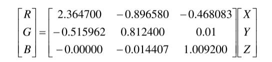 RGB颜色空间转换XYZ颜色空间的准换关系式